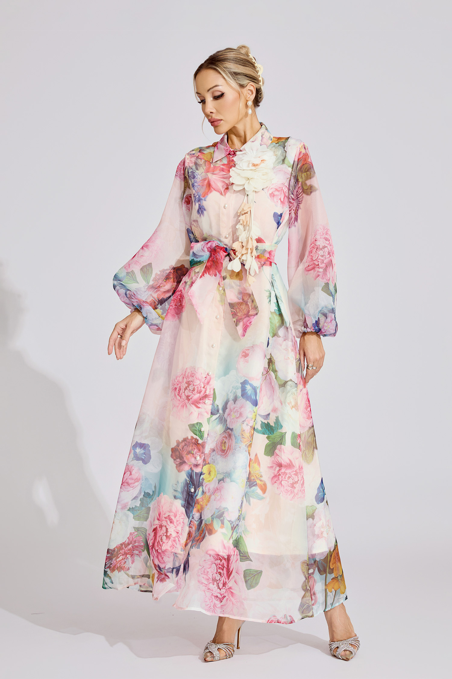 June Pink 3D Floral Lapel Collar Lantern Sleeve Maxi Dress