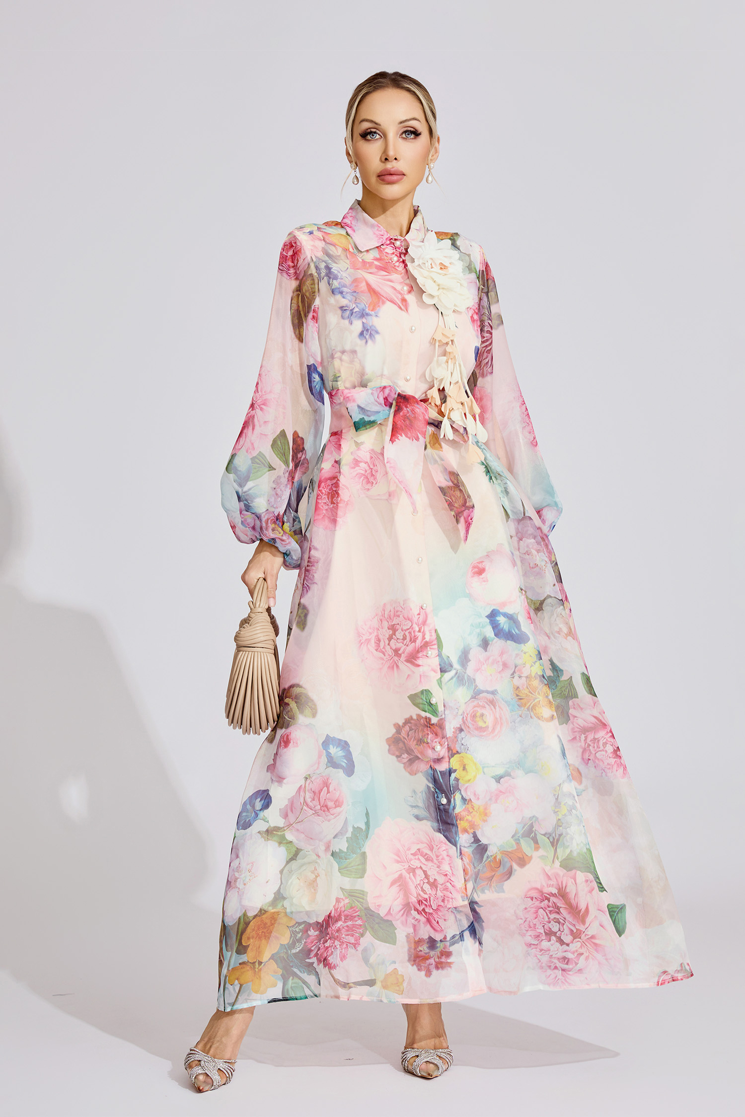 June Pink 3D Floral Lapel Collar Lantern Sleeve Maxi Dress