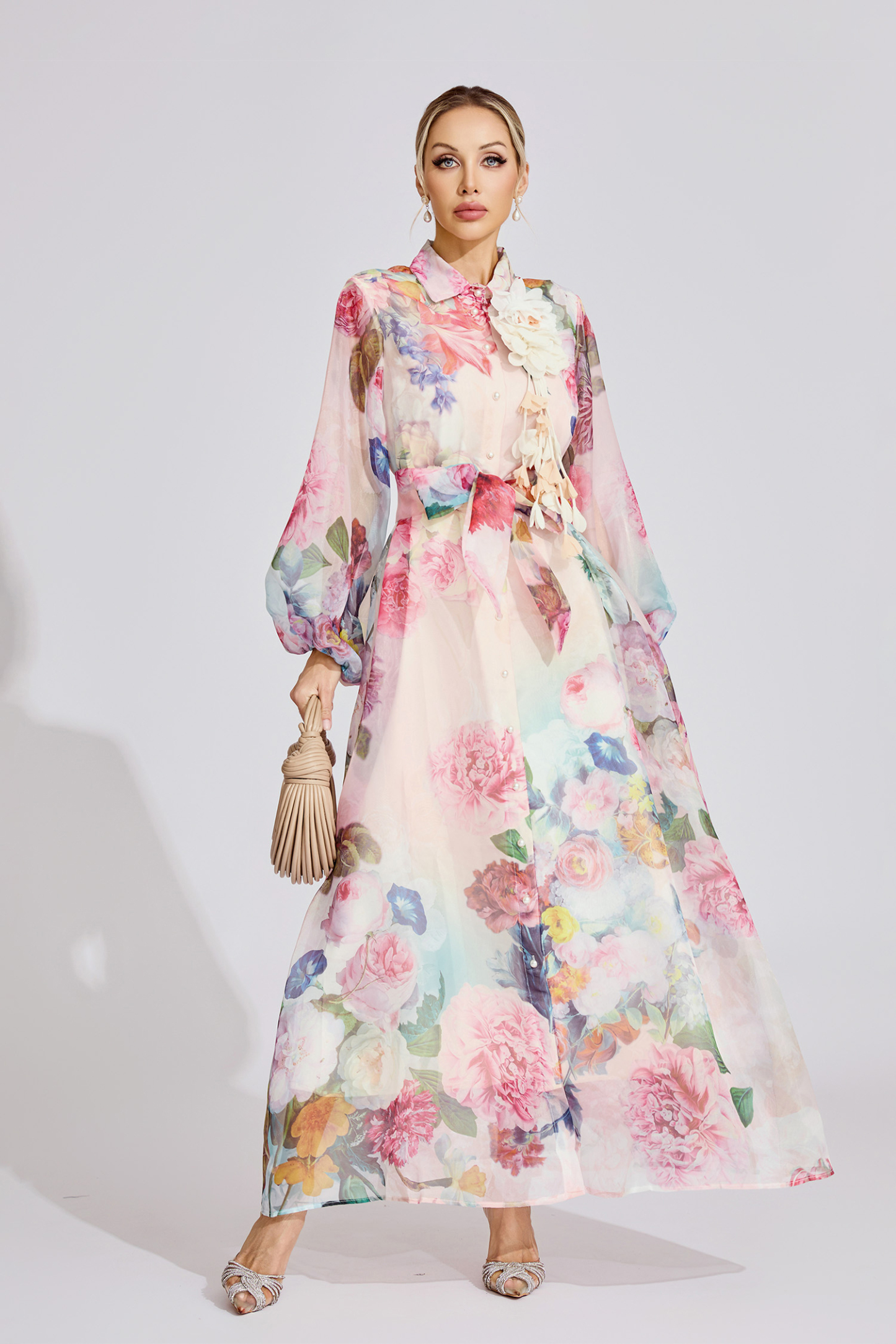 June Pink 3D Floral Lapel Collar Lantern Sleeve Maxi Dress