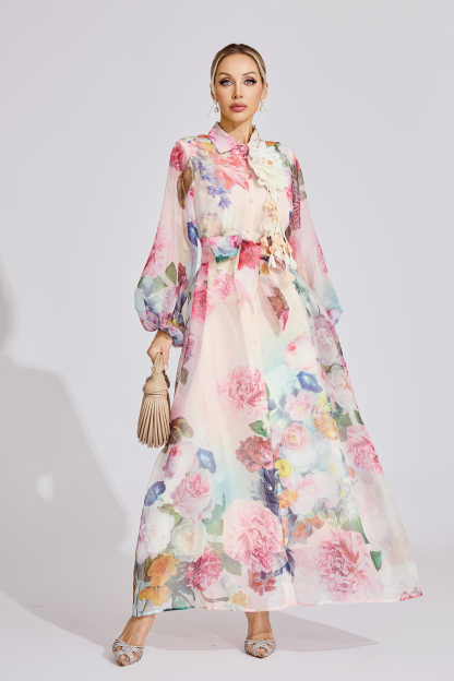 June Pink 3D Floral Lapel Collar Lantern Sleeve Maxi Dress