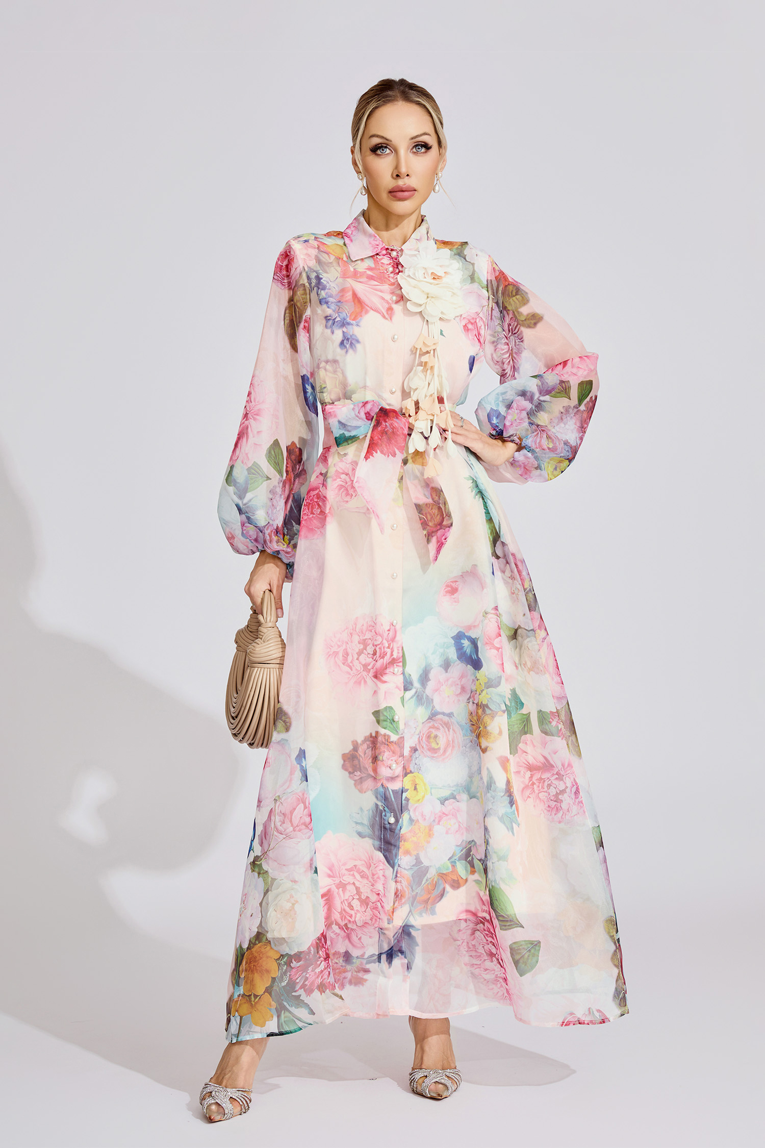June Pink 3D Floral Lapel Collar Lantern Sleeve Maxi Dress