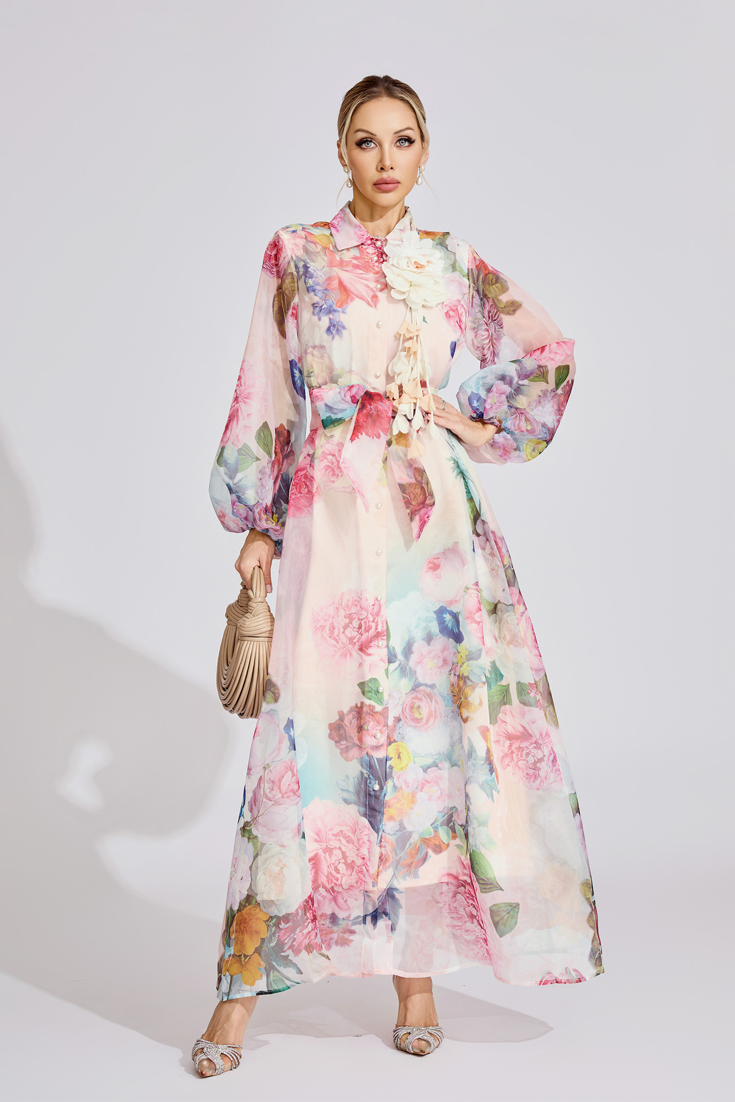 June Pink 3D Floral Lapel Collar Lantern Sleeve Maxi Dress