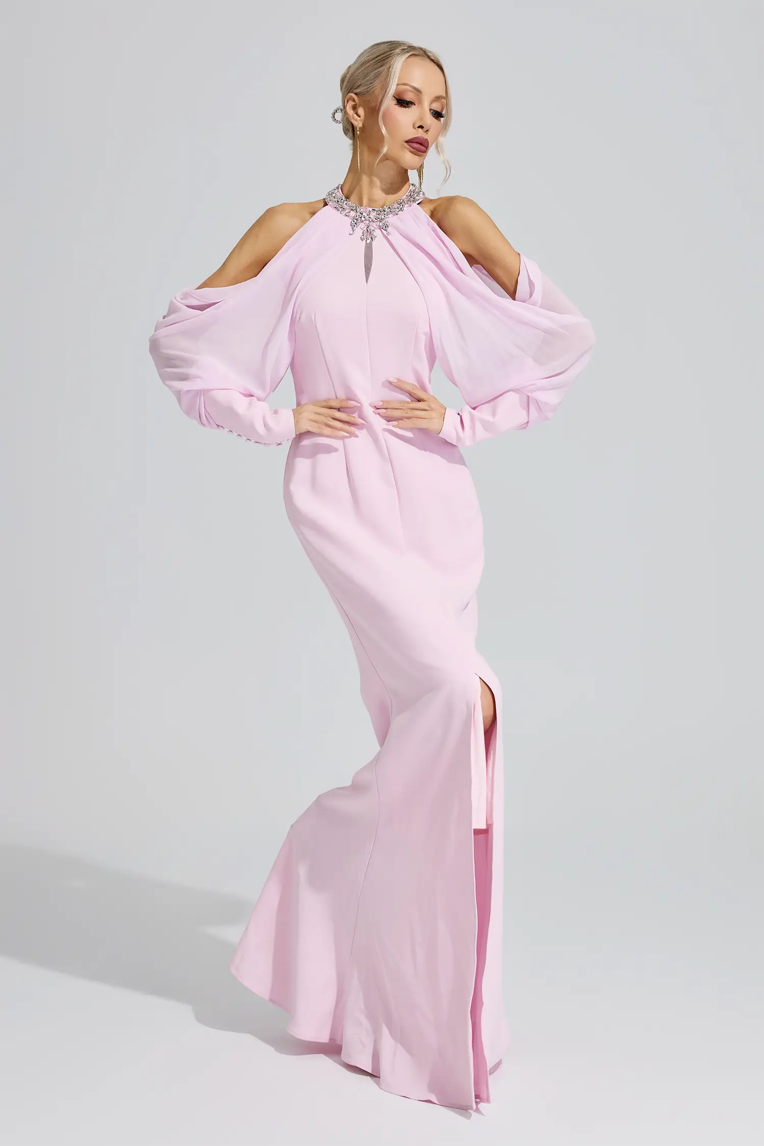 Izanami Pink Halter Neck Rhinestone Dress