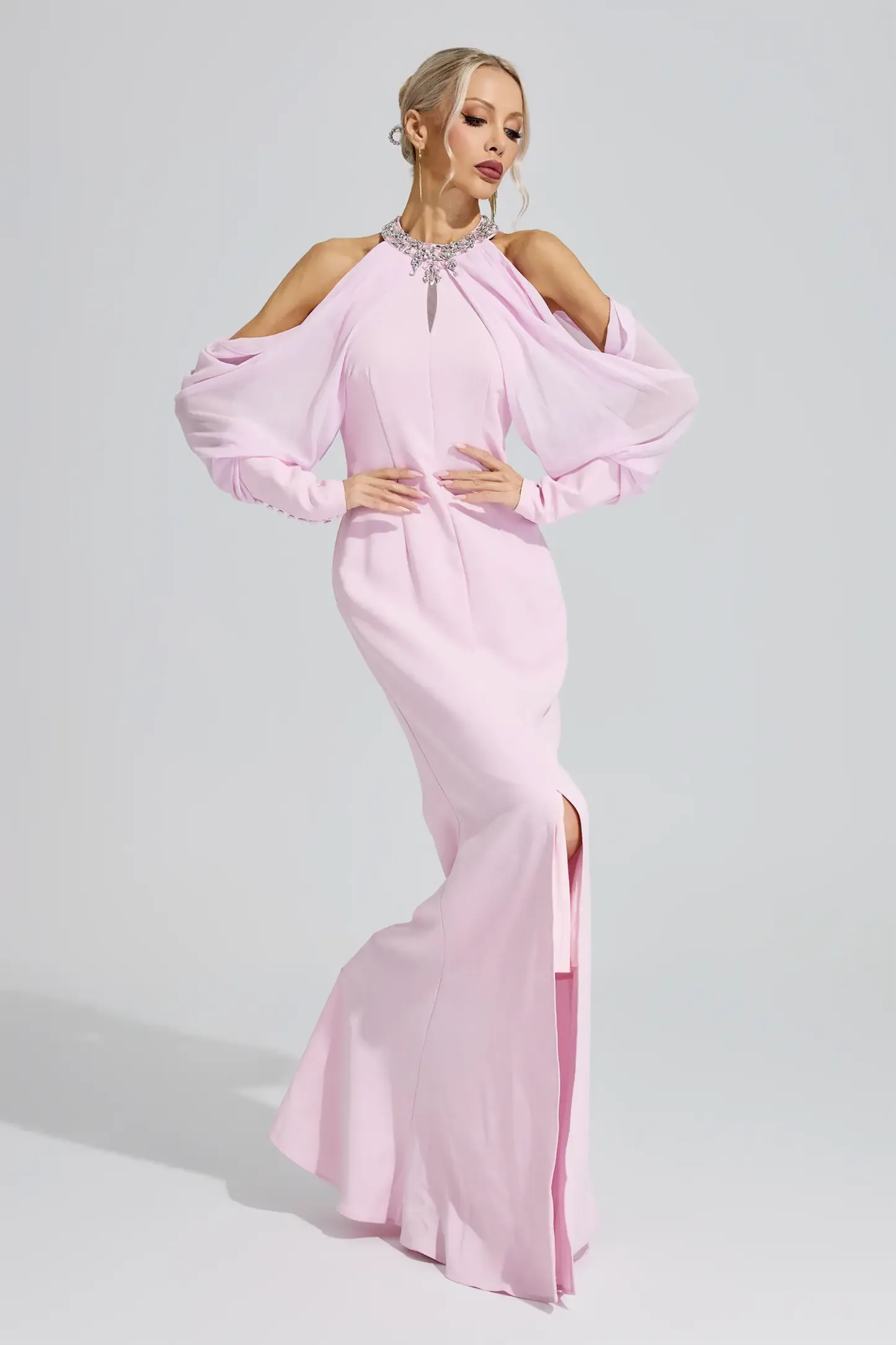 Izanami Pink Halter Neck Rhinestone Dress
