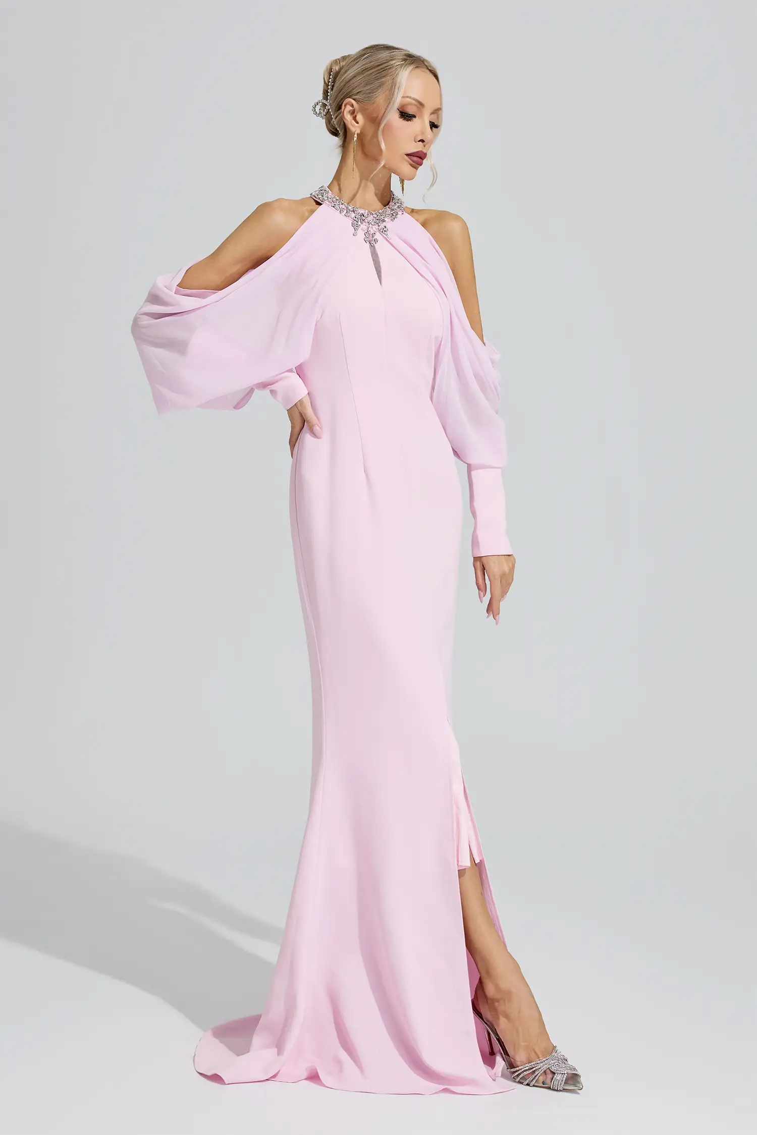 Izanami Pink Halter Neck Rhinestone Dress