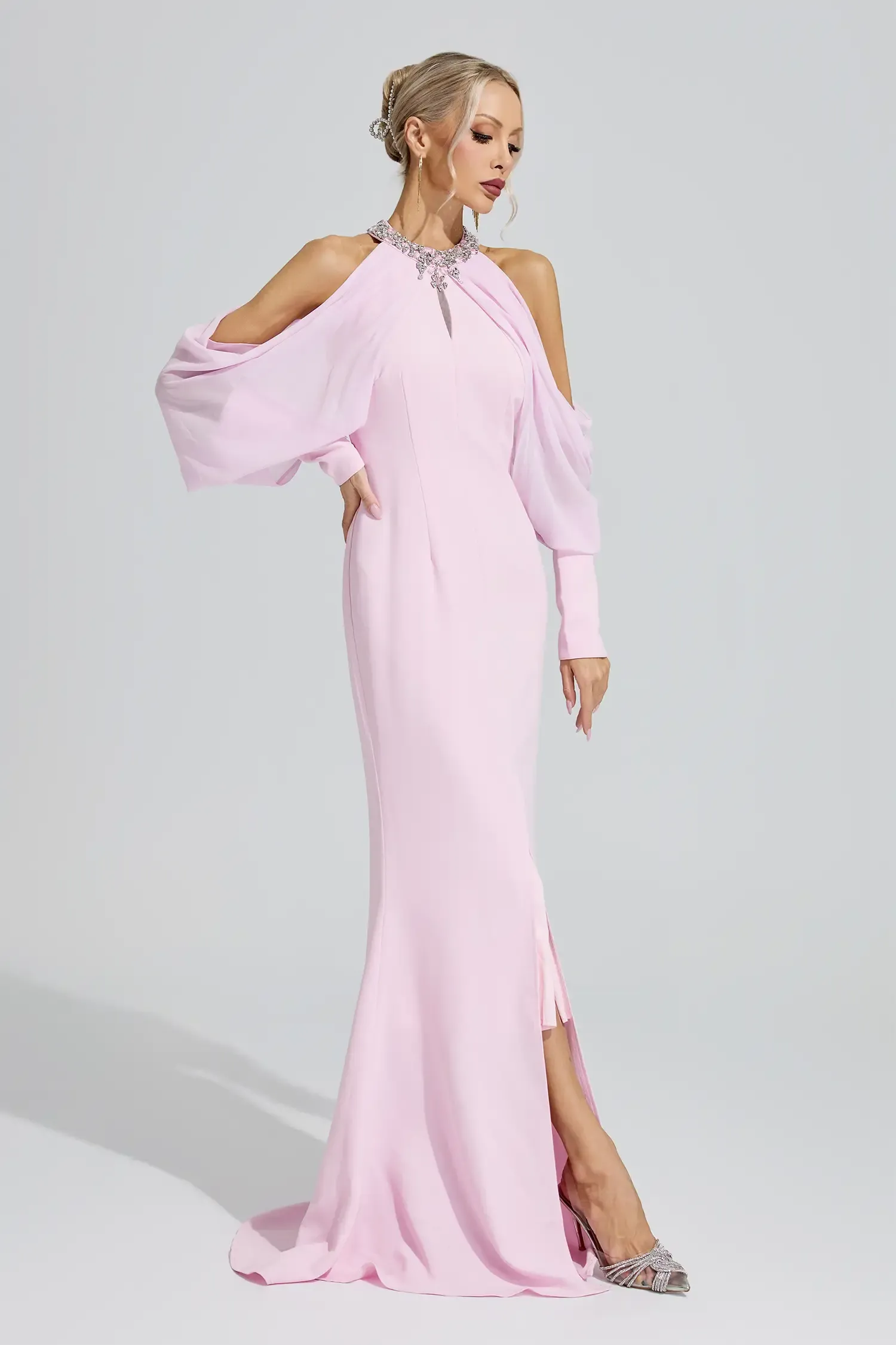 Izanami Pink Halter Neck Rhinestone Dress