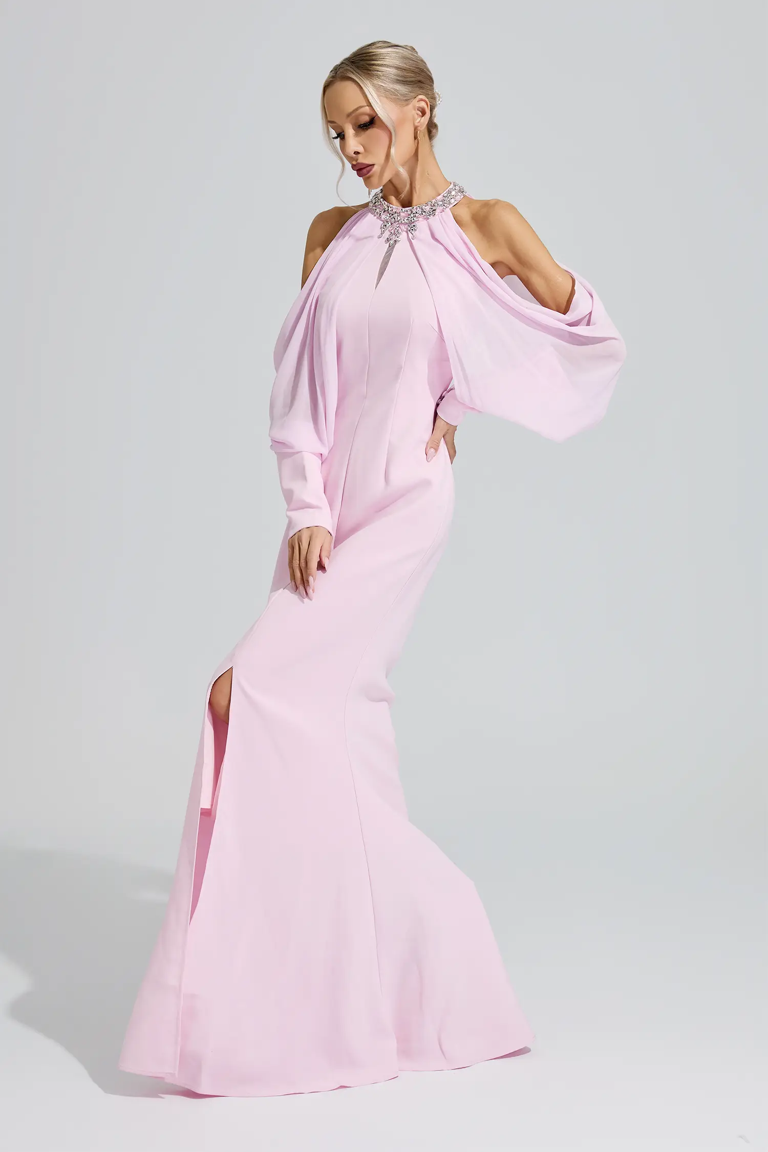 Izanami Pink Halter Neck Rhinestone Dress