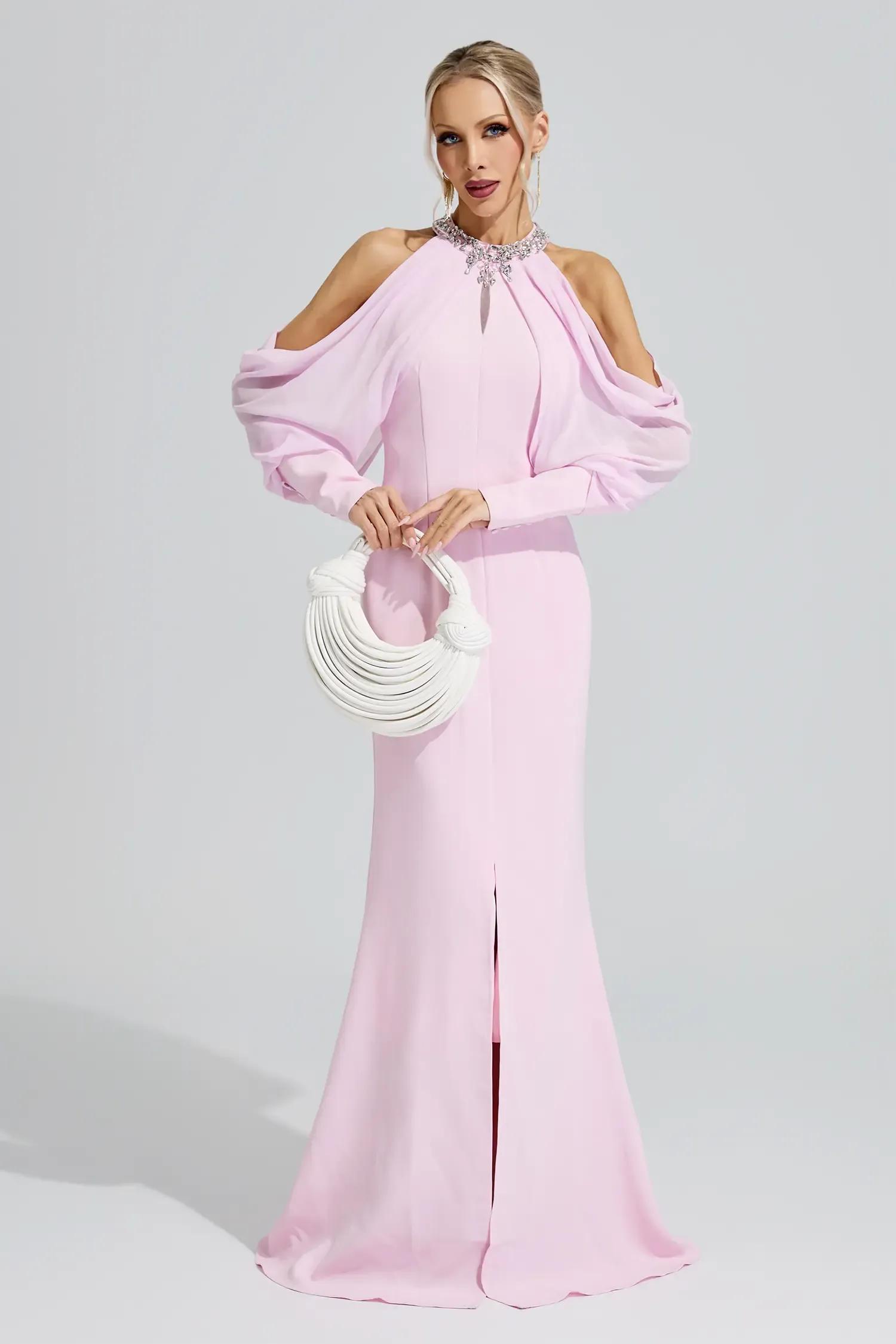 Izanami Pink Halter Neck Rhinestone Dress