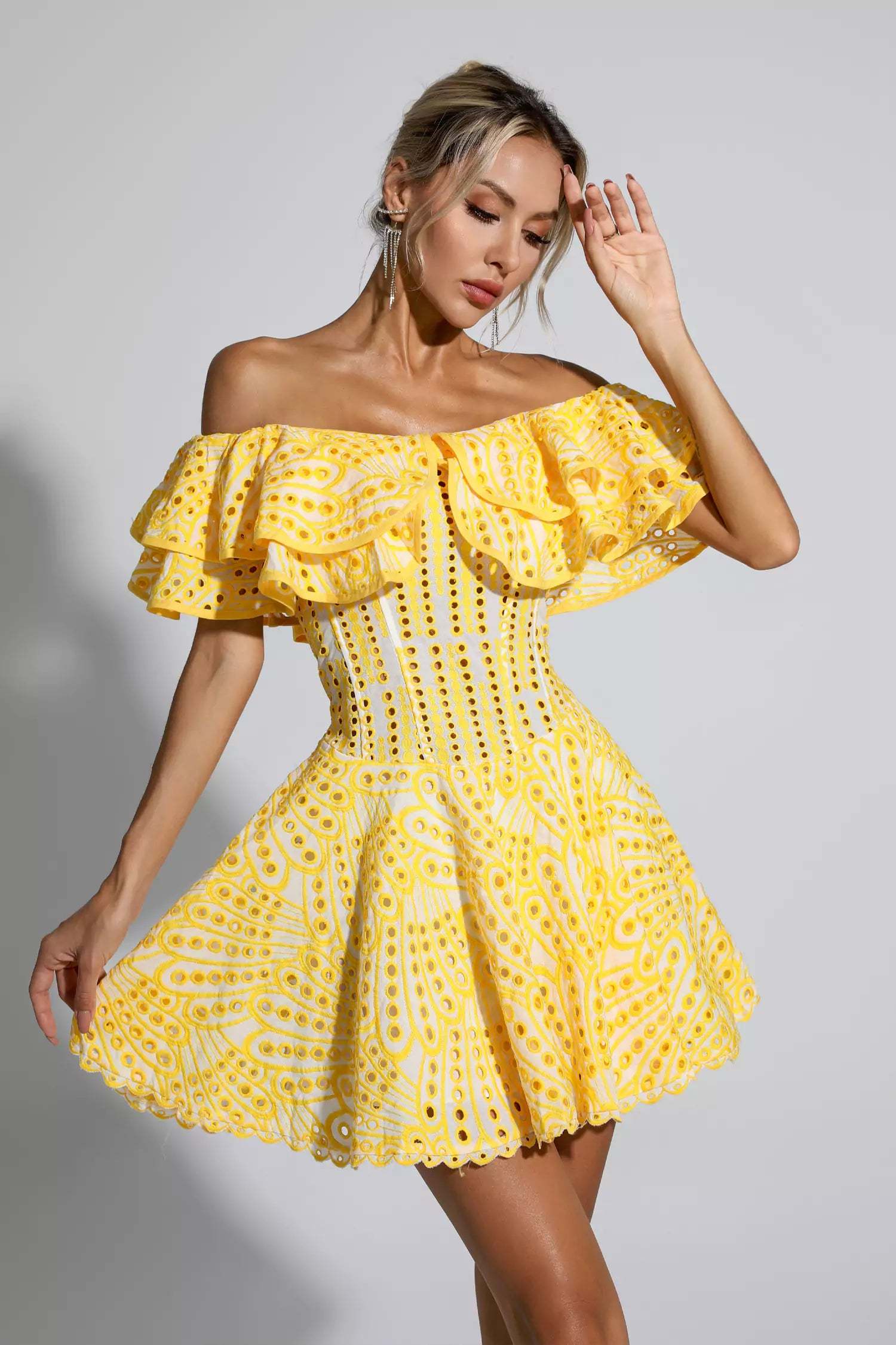 Defoe Yellow Cutout Ruffle Mini Dress