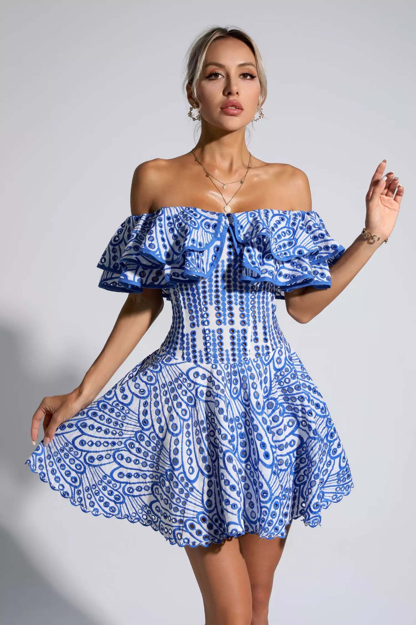 Defoe Blue Cutout Ruffle Mini Dress