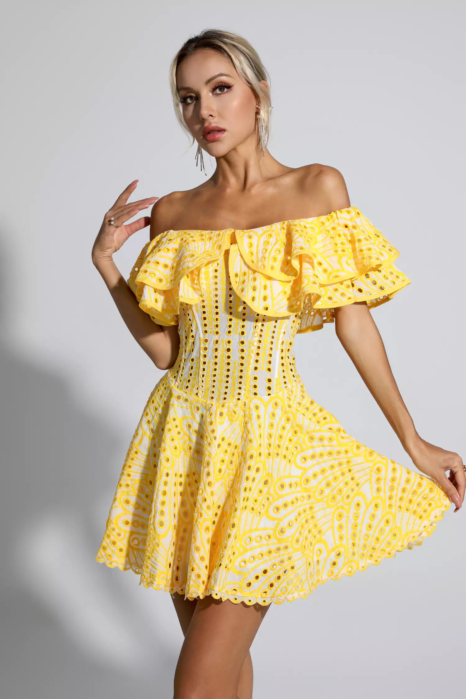 Defoe Yellow Cutout Ruffle Mini Dress