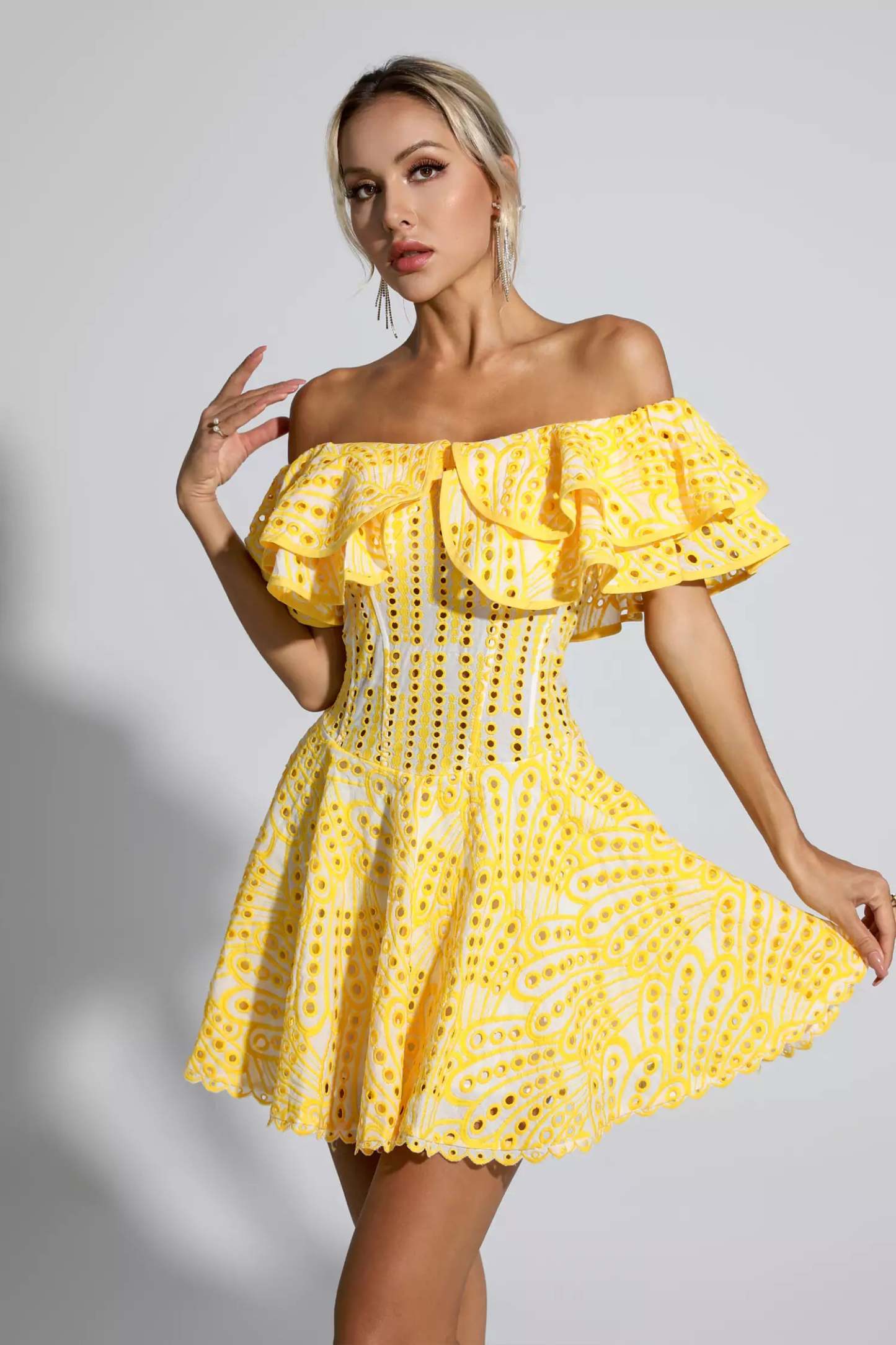 Defoe Yellow Cutout Ruffle Mini Dress