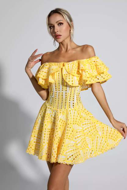 Defoe Yellow Cutout Ruffle Mini Dress