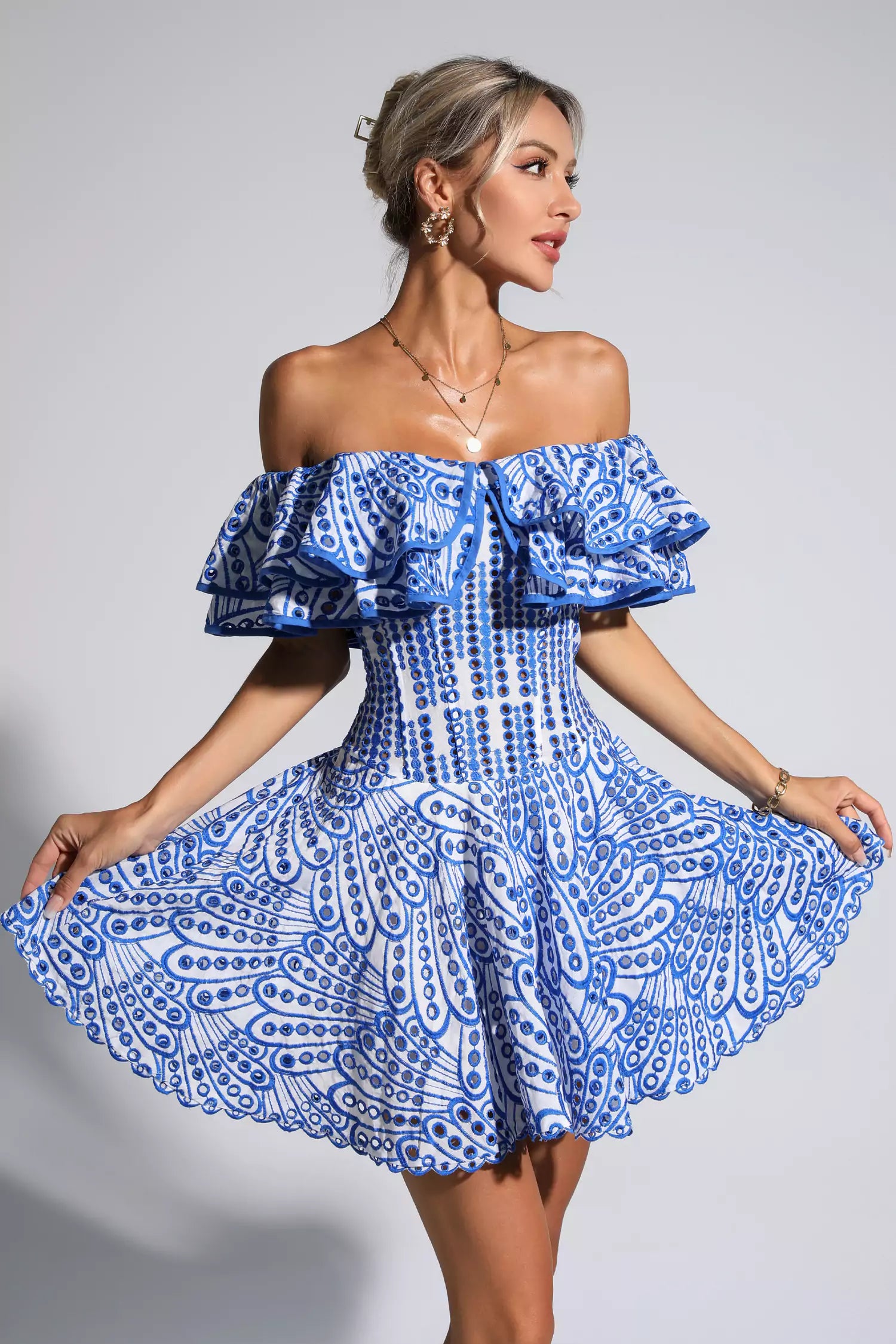 Defoe Blue Cutout Ruffle Mini Dress