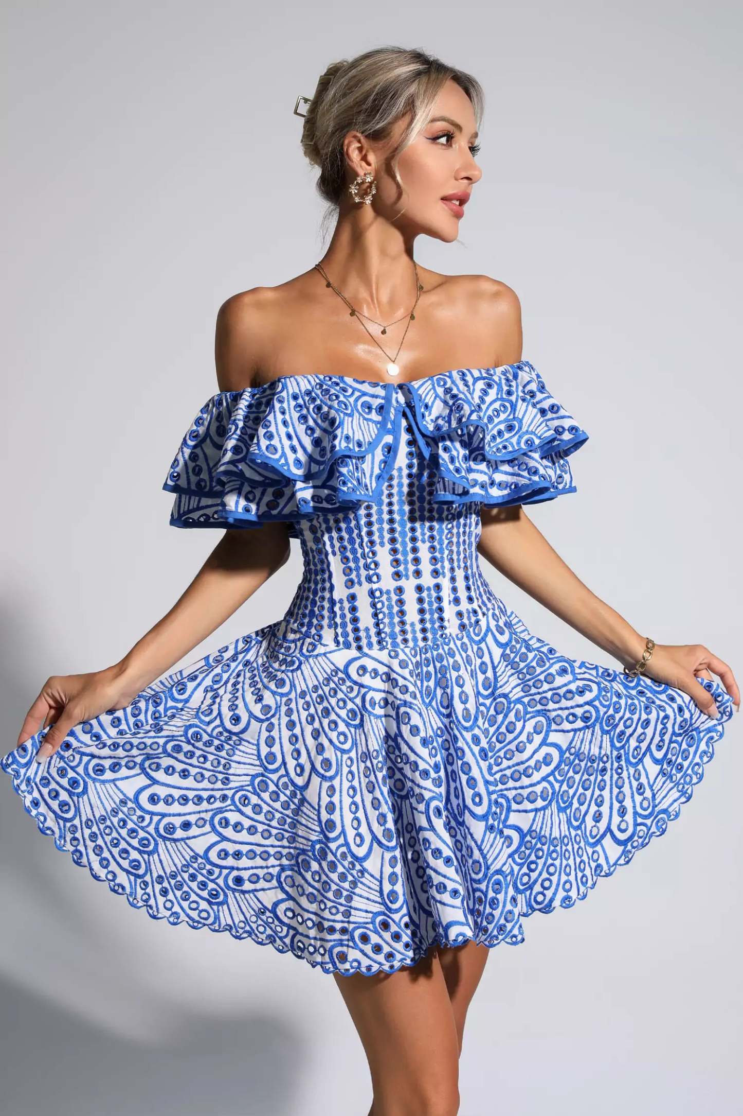 Defoe Blue Cutout Ruffle Mini Dress