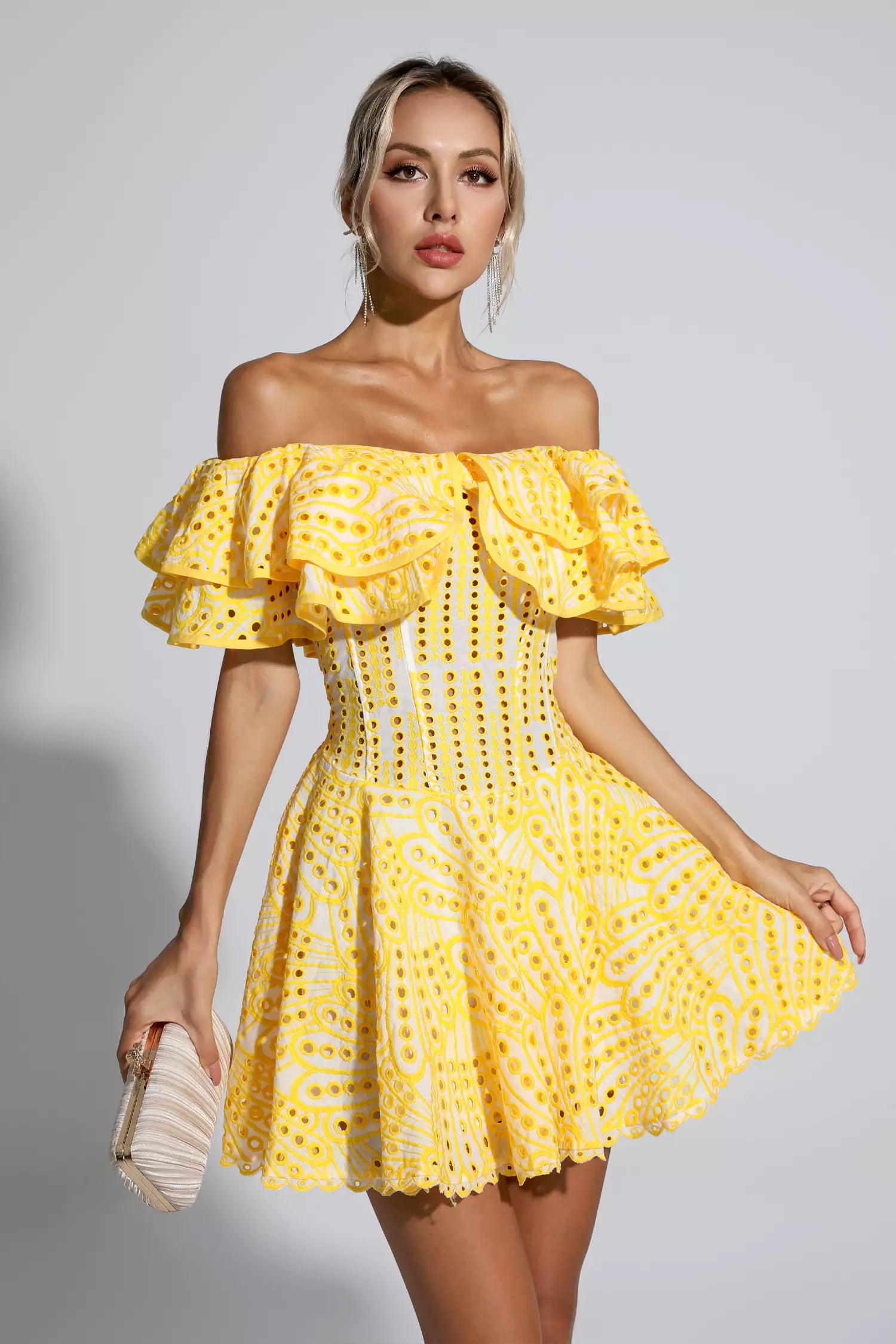 Defoe Yellow Cutout Ruffle Mini Dress