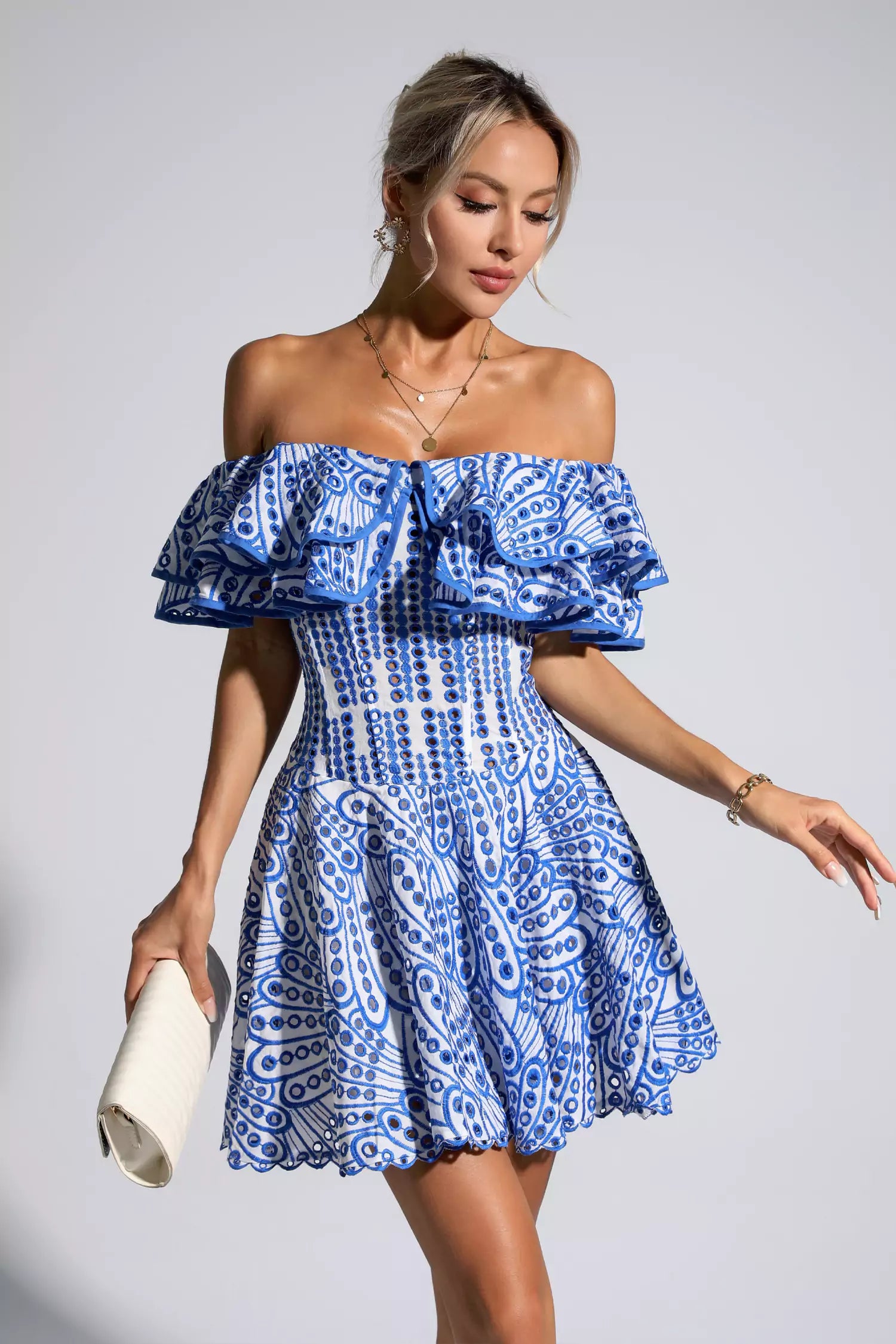 Defoe Blue Cutout Ruffle Mini Dress