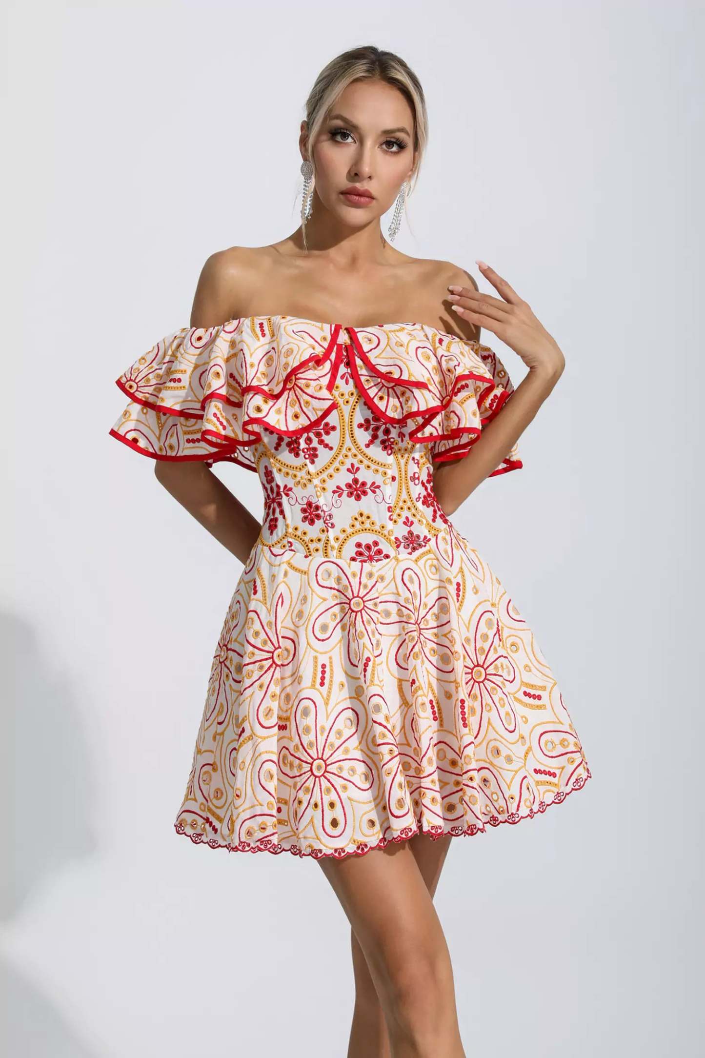 Defoe Red Cutout Ruffle Mini Dress