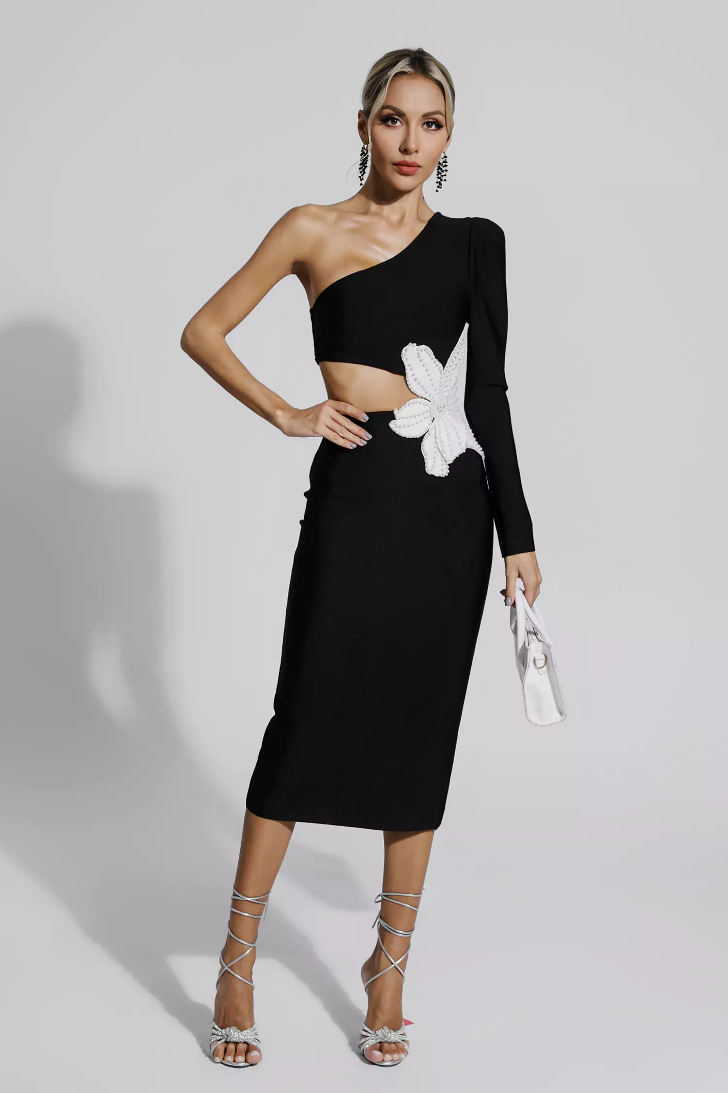 Roy Black Floral One Shoulder Bandage Dress