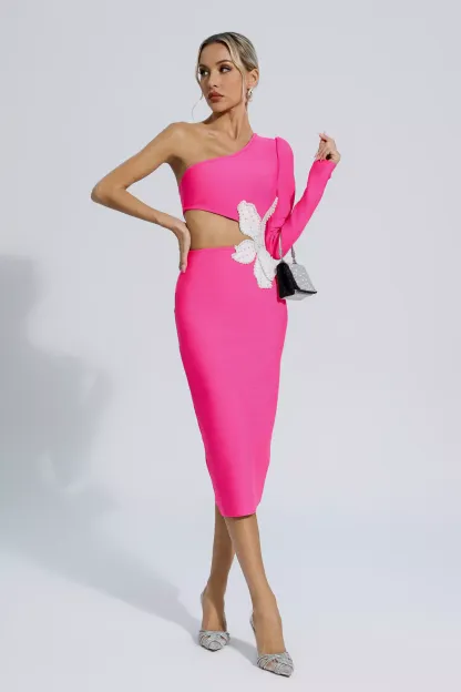 Roy Rose Red Floral One Shoulder Bandage Dress