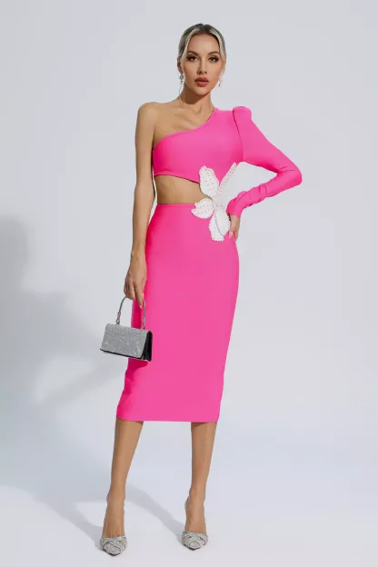 Roy Rose Red Floral One Shoulder Bandage Dress