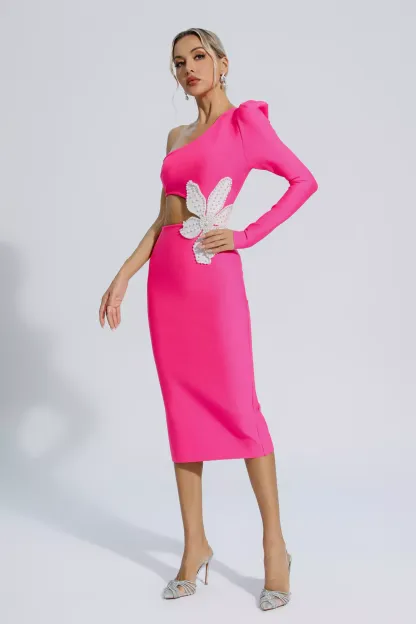 Roy Rose Red Floral One Shoulder Bandage Dress
