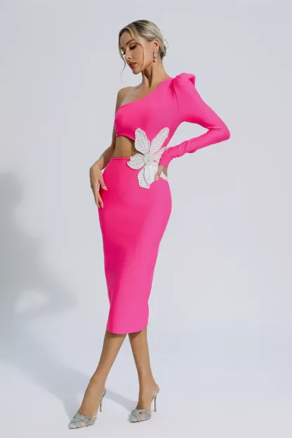 Roy Rose Red Floral One Shoulder Bandage Dress