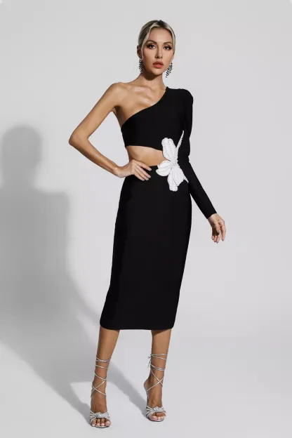 Roy Black Floral One Shoulder Bandage Dress