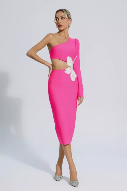 Roy Rose Red Floral One Shoulder Bandage Dress