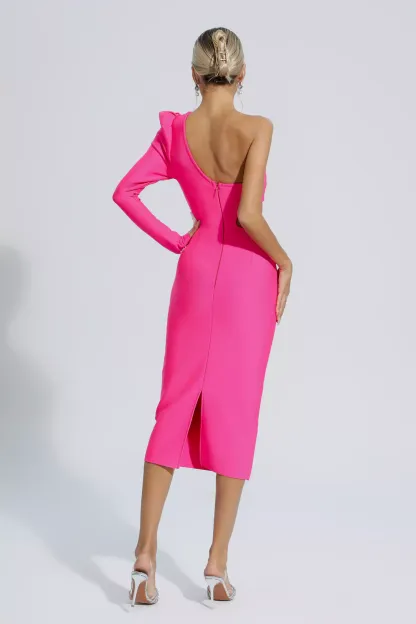 Roy Rose Red Floral One Shoulder Bandage Dress