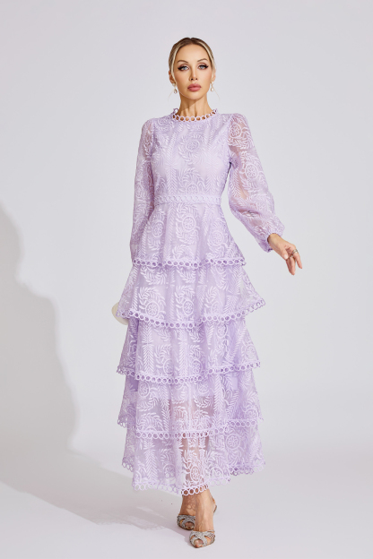 Rose Purple French Elegant Lace Maxi Dress