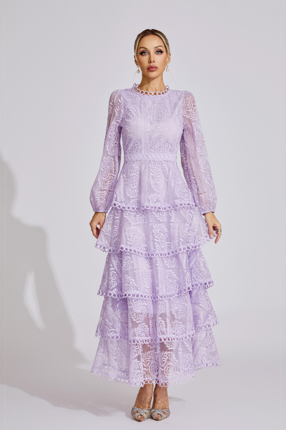 Rose Purple French Elegant Lace Maxi Dress