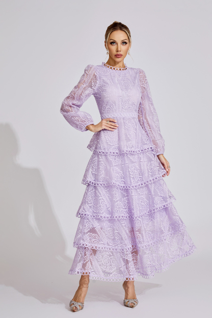 Rose Purple French Elegant Lace Maxi Dress