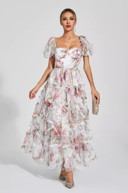 Victor White Bubble Sleeve Maxi Dress