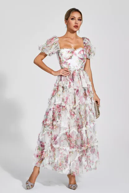 Victor White Bubble Sleeve Maxi Dress