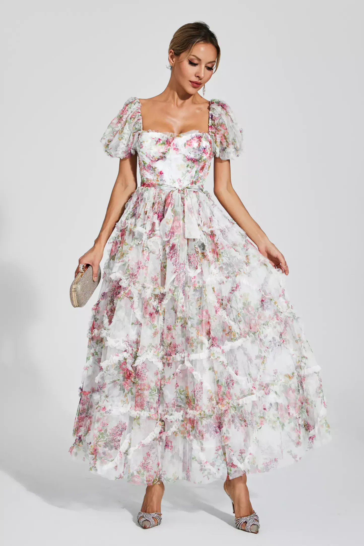 Victor White Bubble Sleeve Maxi Dress
