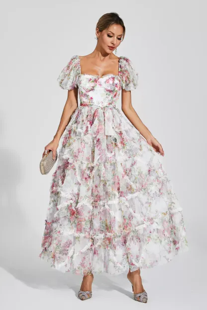 Victor White Bubble Sleeve Maxi Dress