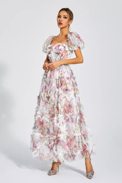 Victor White Bubble Sleeve Maxi Dress