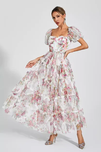 Victor White Bubble Sleeve Maxi Dress