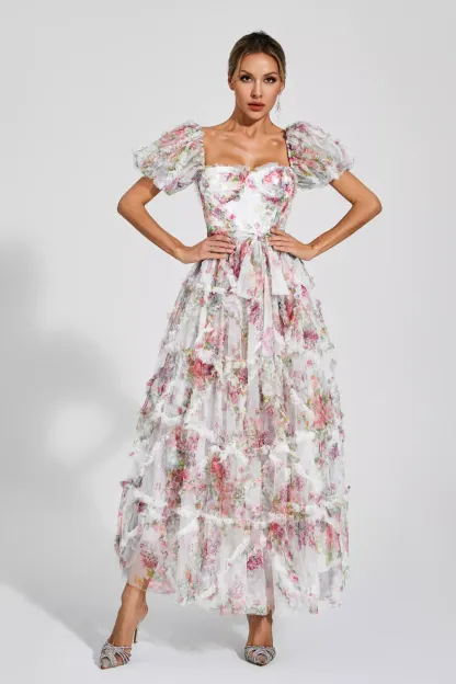 Victor White Bubble Sleeve Maxi Dress