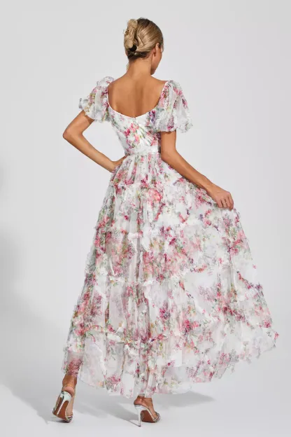 Victor White Bubble Sleeve Maxi Dress