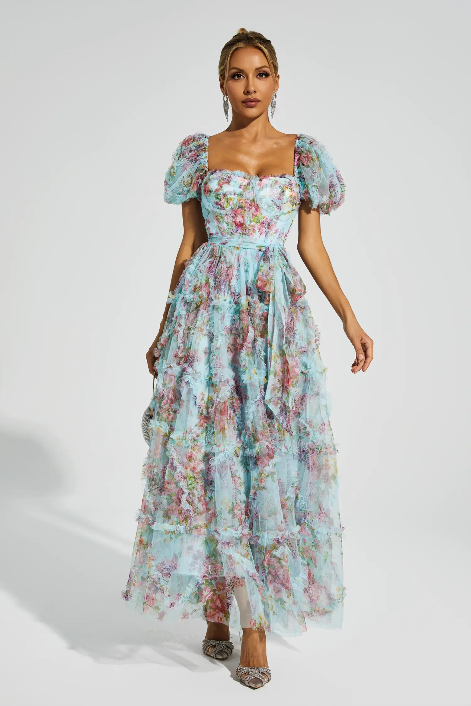 Victor Blue Bubble Sleeve Maxi Dress