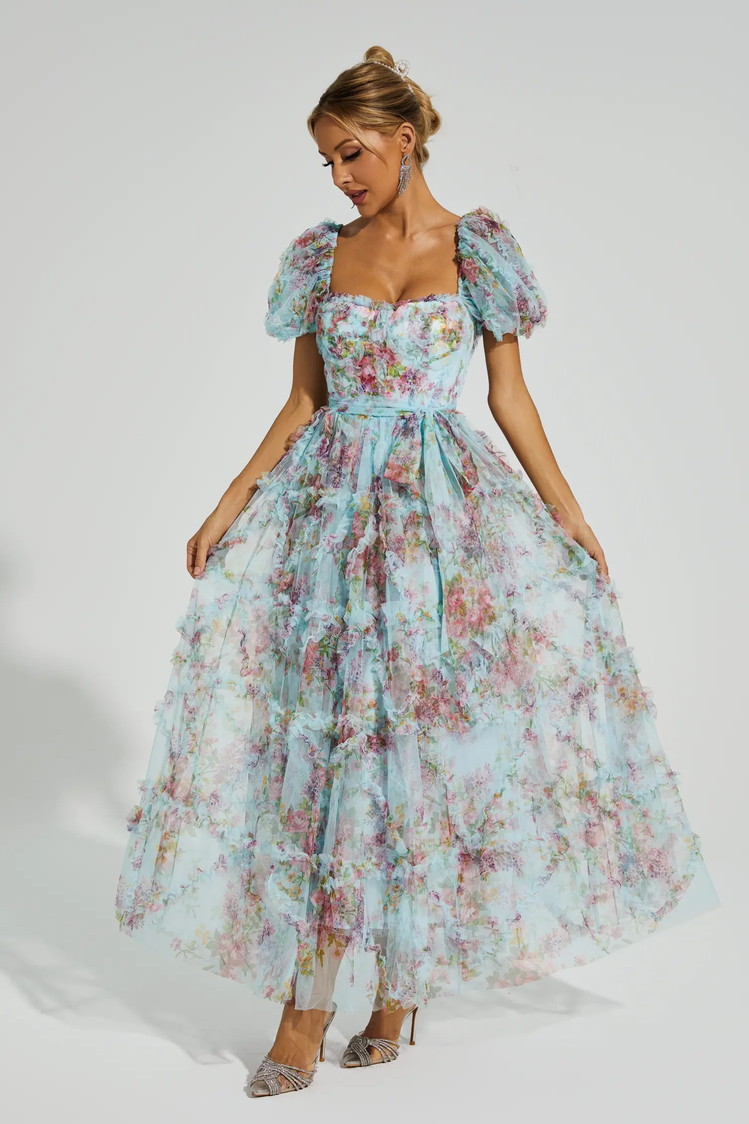 Victor Blue Bubble Sleeve Maxi Dress