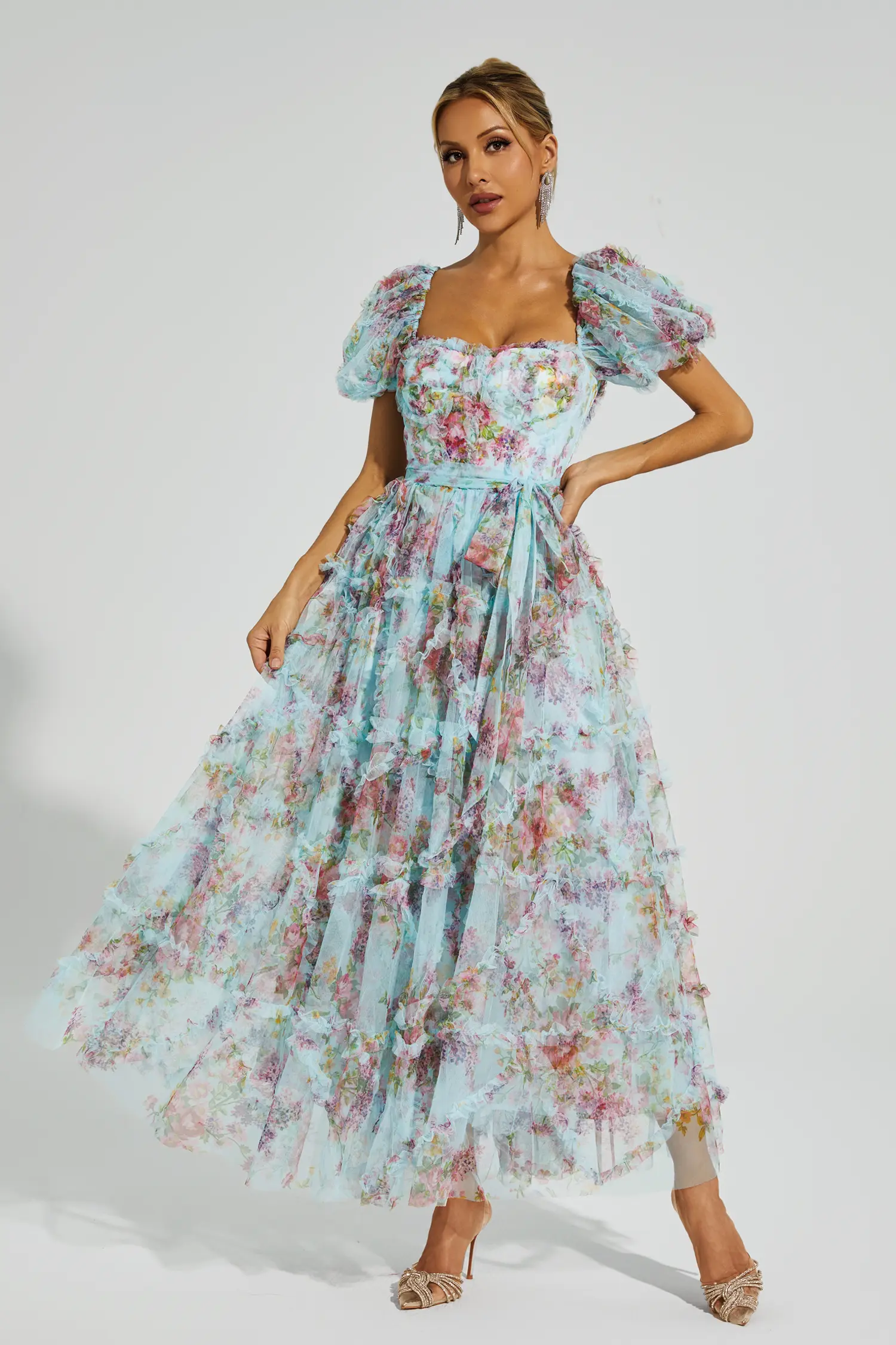 Victor Blue Bubble Sleeve Maxi Dress