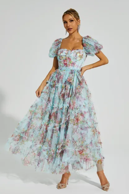 Victor Blue Bubble Sleeve Maxi Dress
