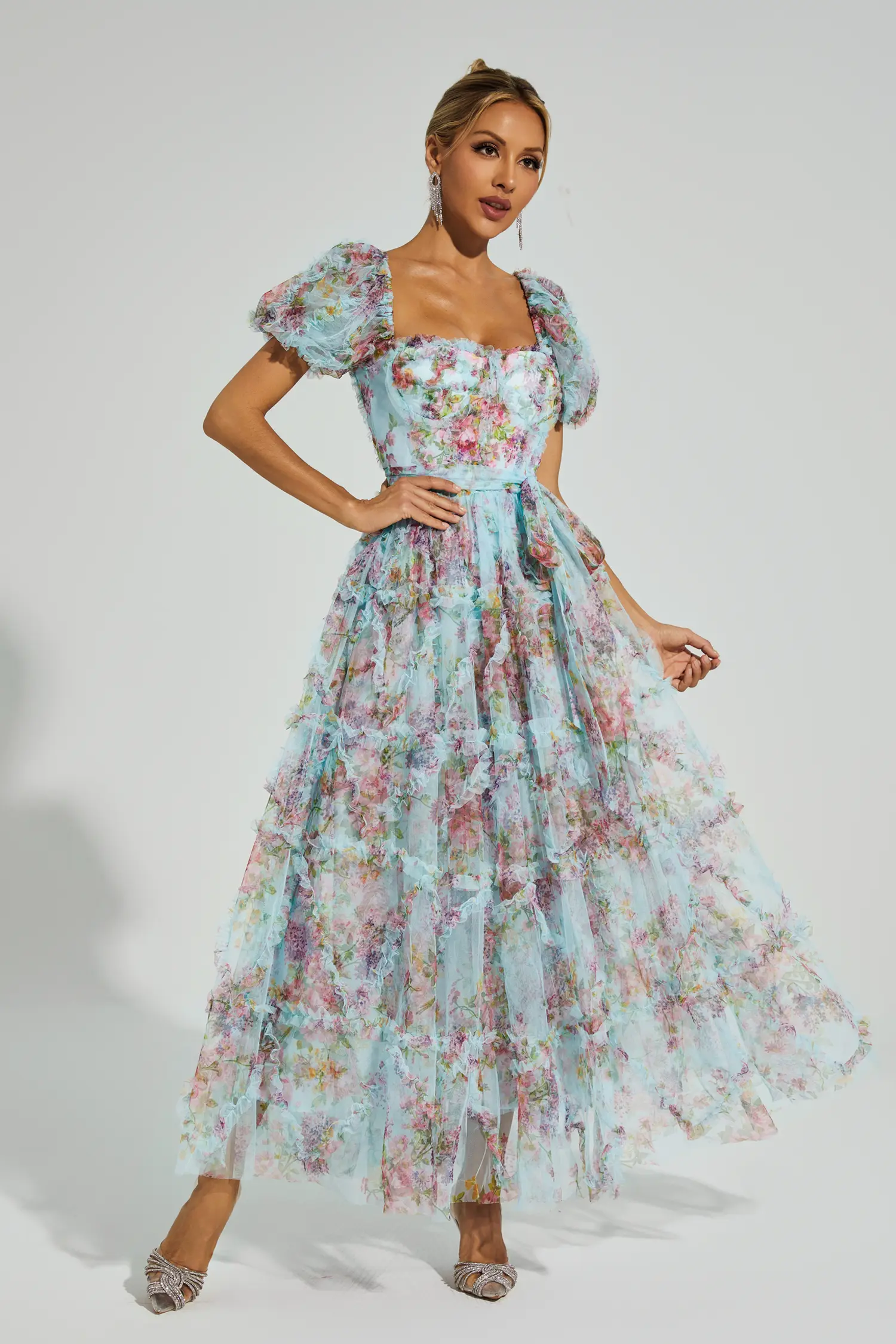 Victor Blue Bubble Sleeve Maxi Dress