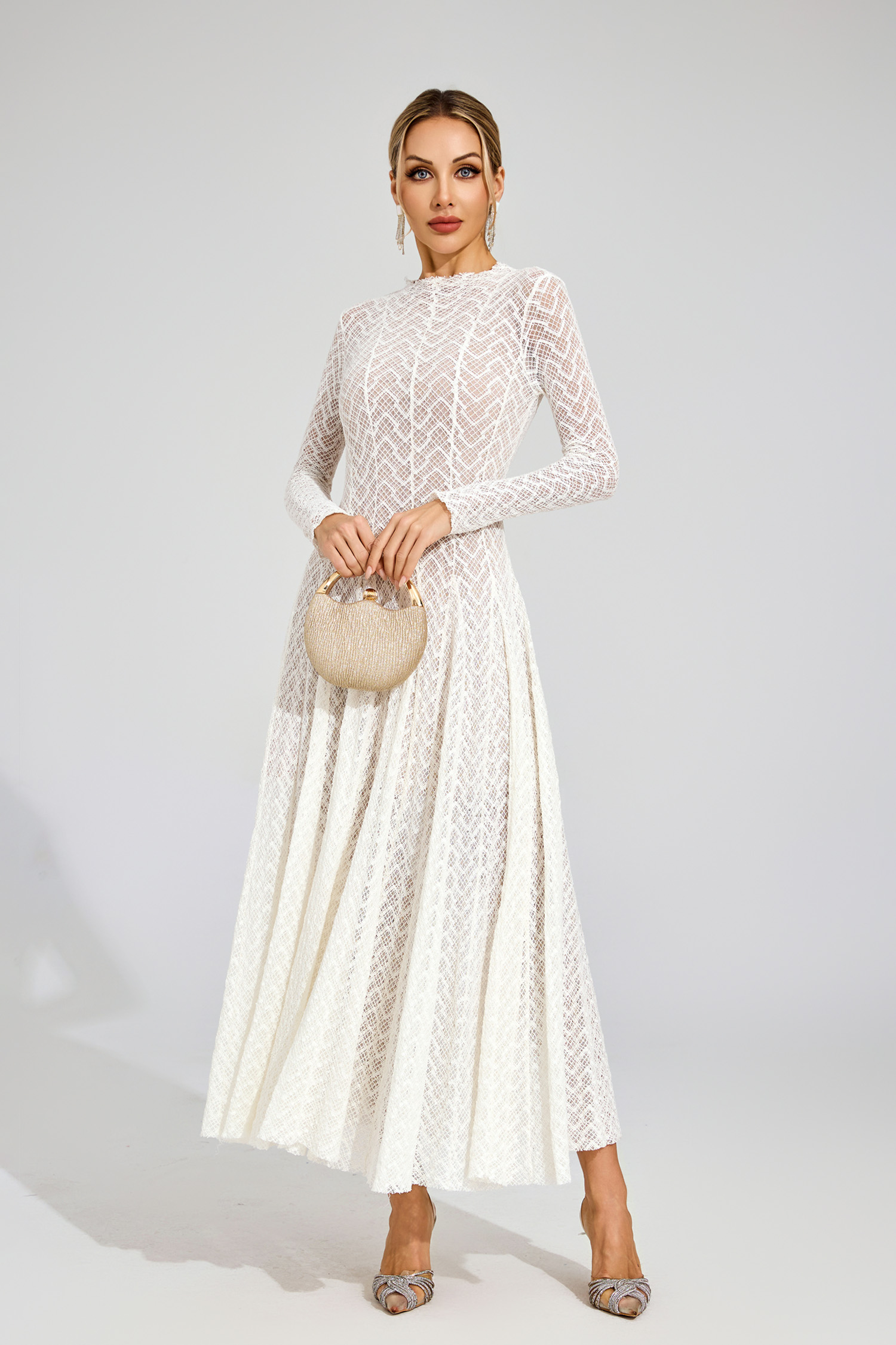 Page White Lace Long Sleeve Dress