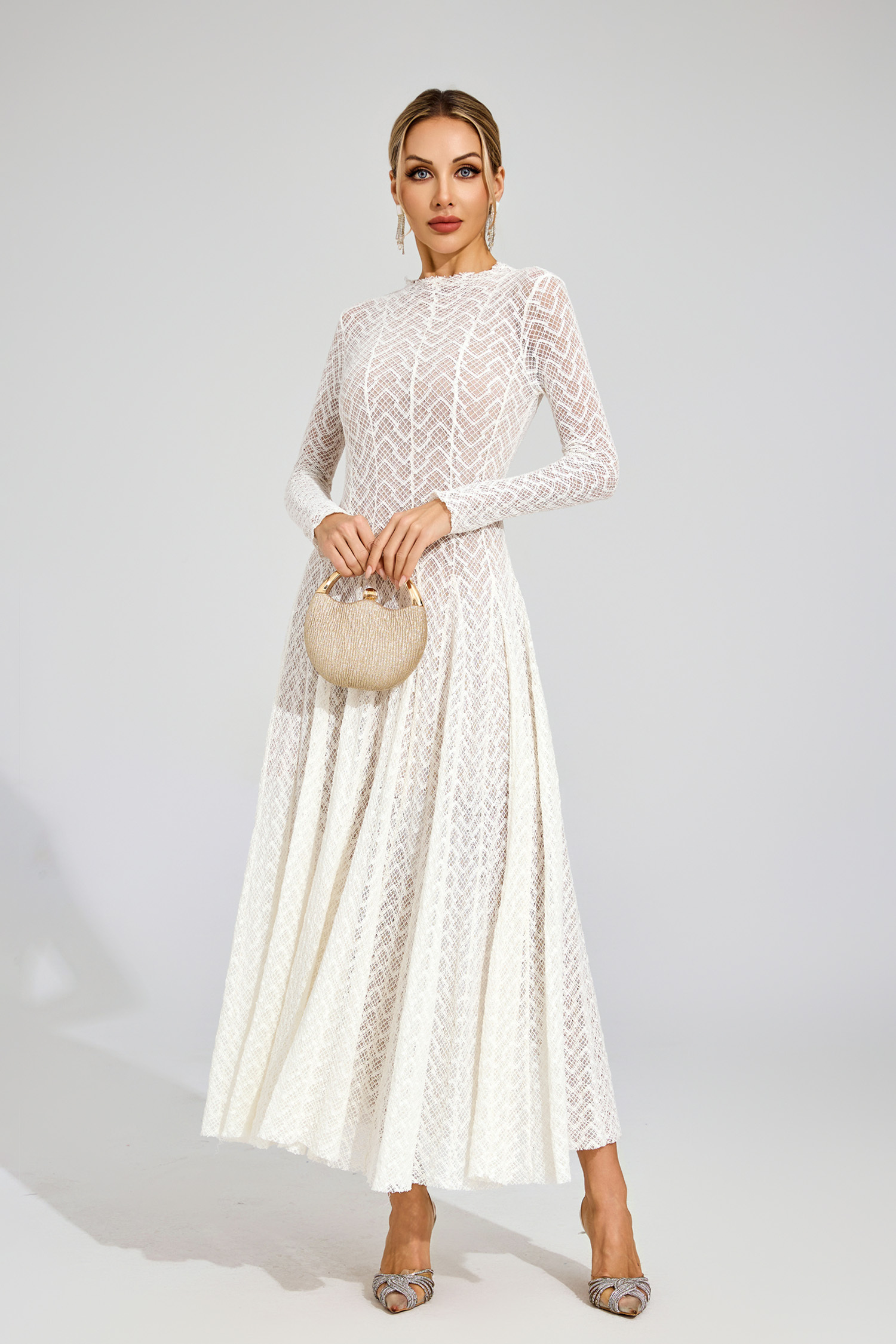 Page White Lace Long Sleeve Dress