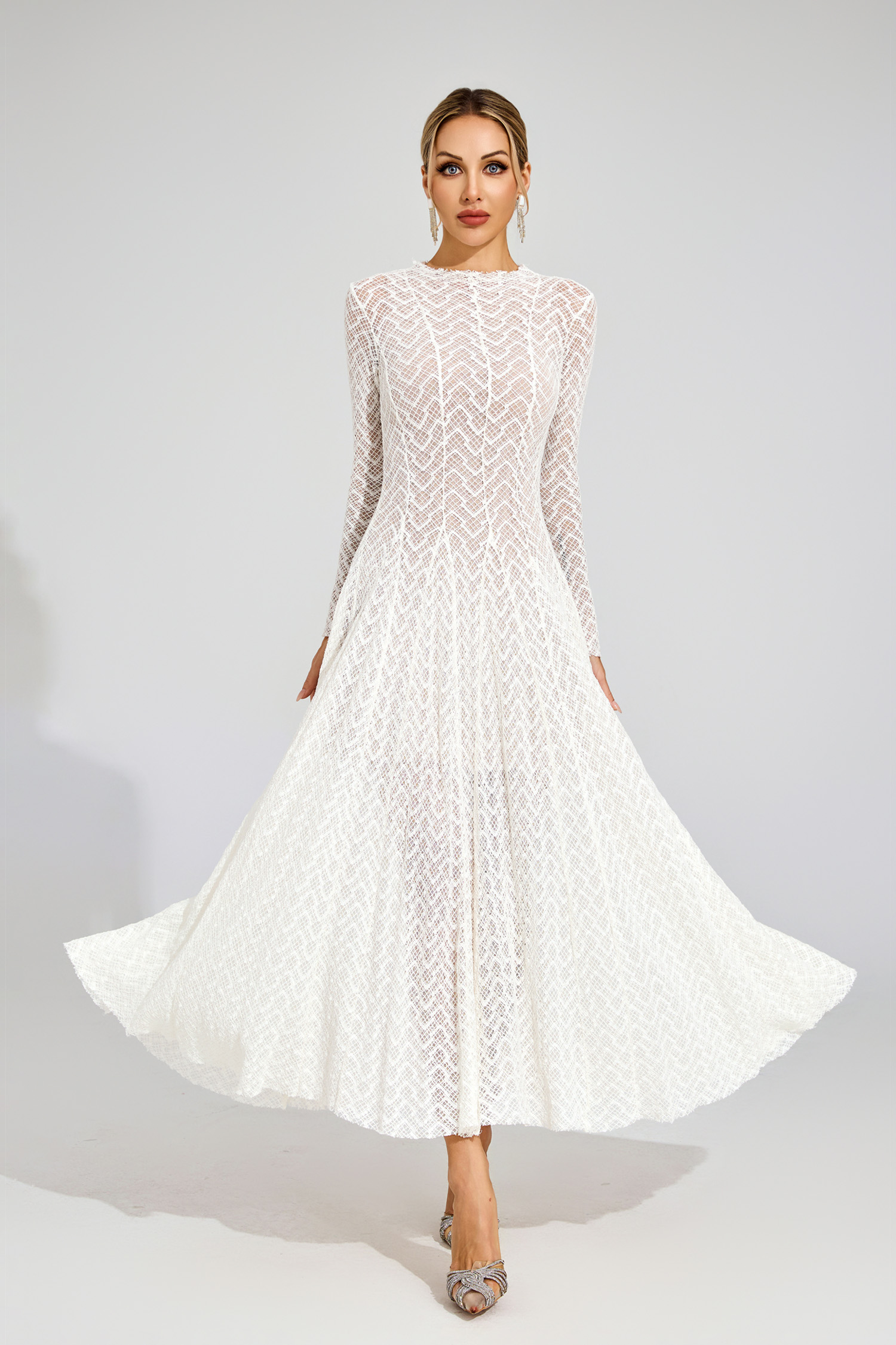 Page White Lace Long Sleeve Dress