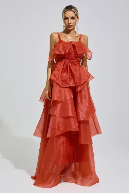 Gentileschi Red Halter Ruffle Dress